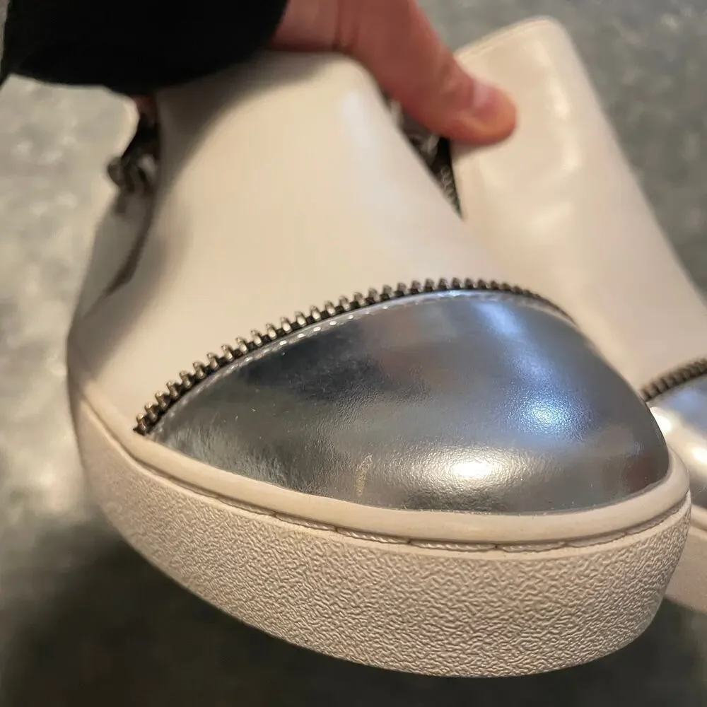 Michael Kors Grayson Slip On Leather Sneakers Shoes 8.5 White Metallic Gray Zip